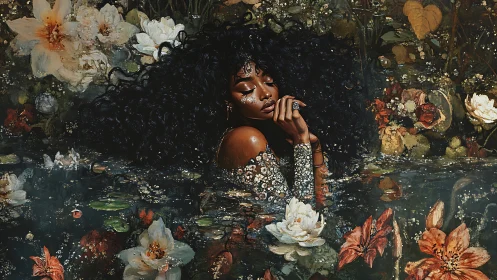 Woman in floral pond surrounded by dense blooming water lilies.