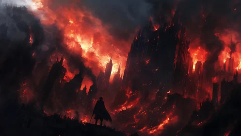 Lone wanderer before a cathedral city drowning in fire.
