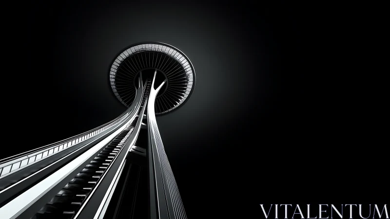 Futuristic observation tower rises into stark black void.