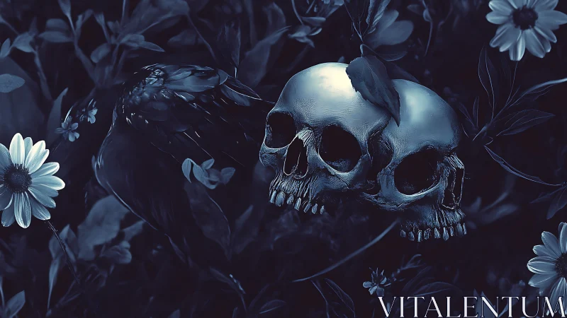 Twin skulls rest quietly among moonlit flowers and leaves