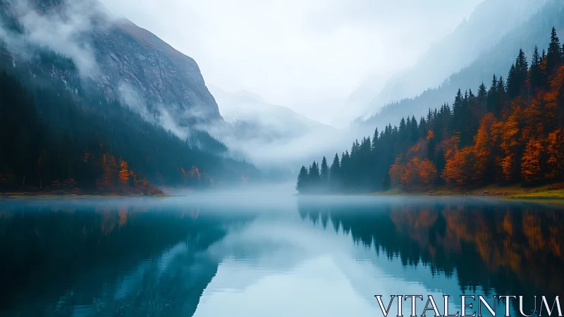 Misty alpine lake with autumn forest reflections at dawn.