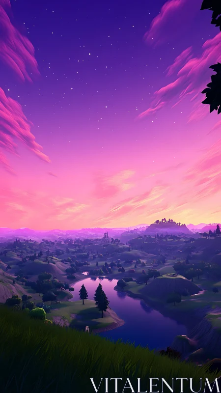 Soft twilight sky drifts over a tranquil pastel valley