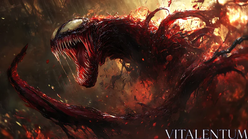 Monstrous red symbiote creature lunges forward in fiery chaos
