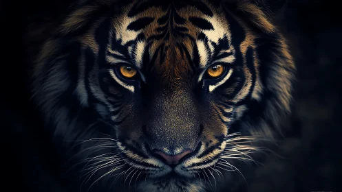 Tiger portrait with glowing amber eyes in deep shadow.