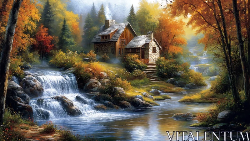 Peaceful forest cabin nestles by a bright cascading river