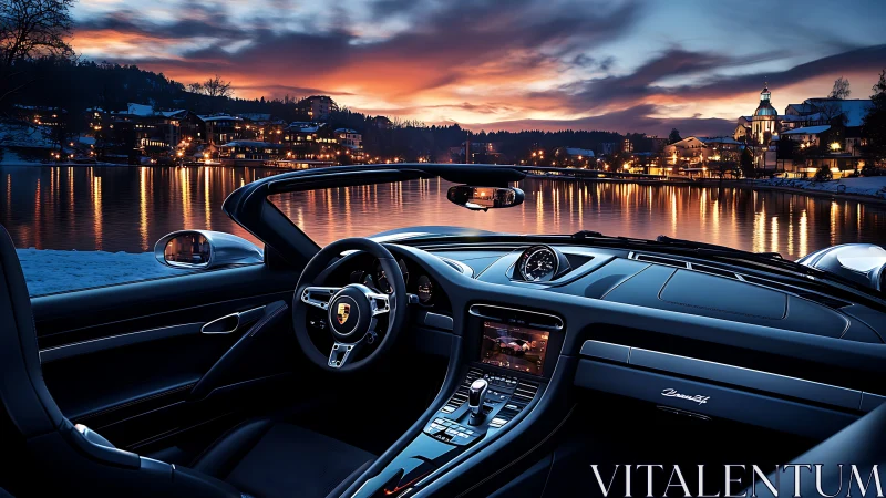 Luxury roadster cockpit overlooks glowing lakeside town