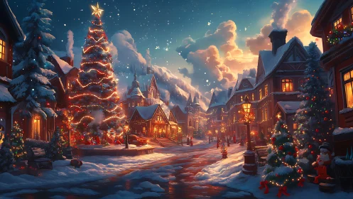 Christmas village street glows under festive winter night.
