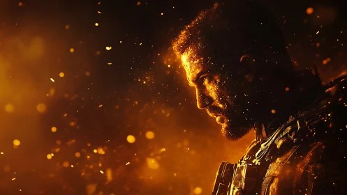 Armored soldier profile in intense orange embers storm.