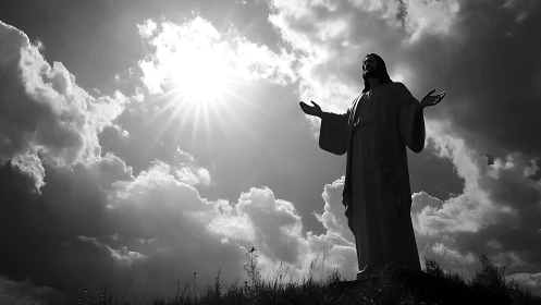 Backlit statue silhouette against high‑contrast cumulus cloud field