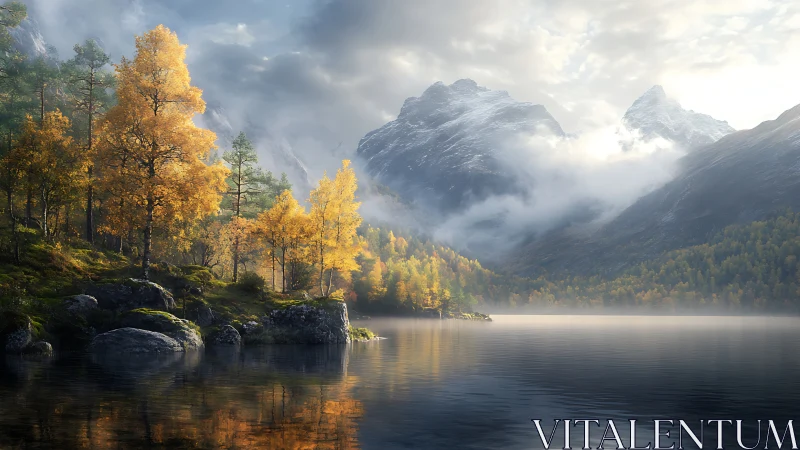 Lake of burning autumn trees beneath whispering mountains.