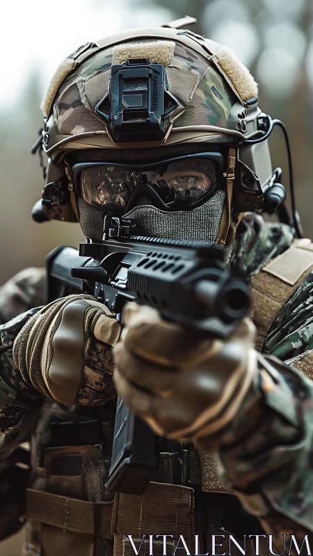 Tactical operator aims rifle in shallow depth of field portrait.