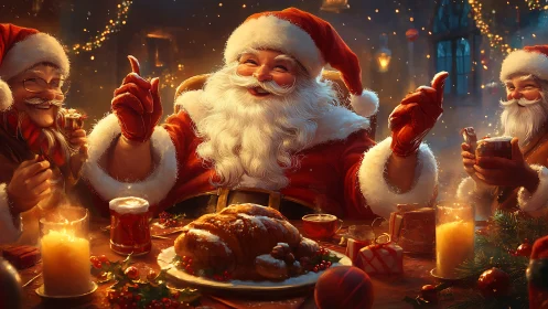 Digital painting of festive Santa feast under warm candlelight.