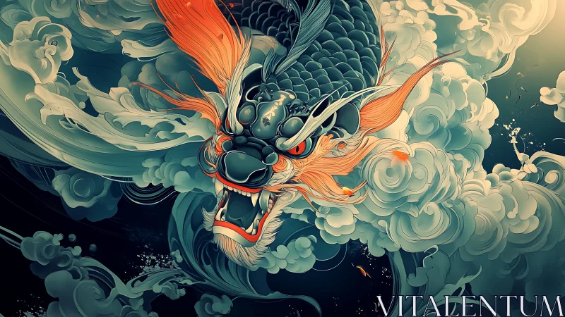 Dragon-headed koi bursts through stylized swirling clouds