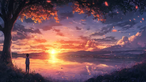 Boy watching vivid sunset over calm reflective lake.