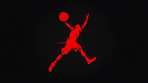 Silhouetted red basketball player in extended jump pose on black