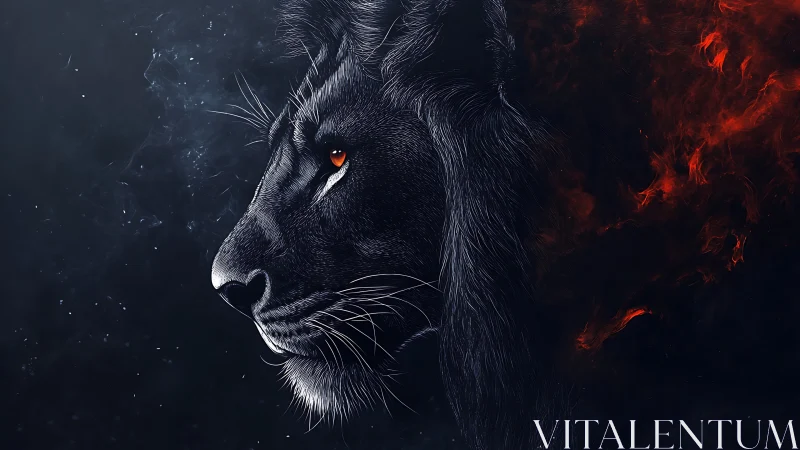 Side profile of dark lion with red abstract background.