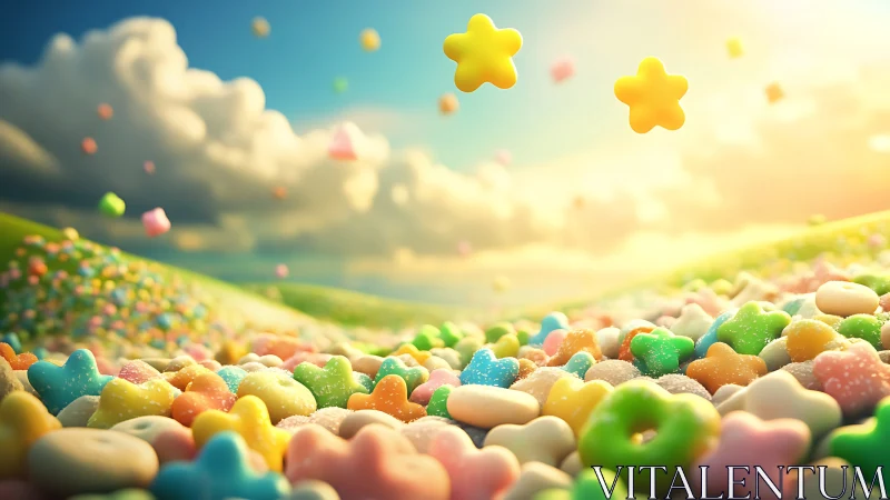 Whimsical Candy Landscape with Floating Stars and Soft Light.