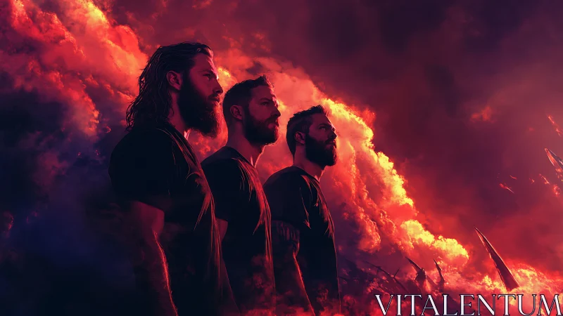 Three men stand united amid storm-lit crimson clouds