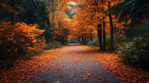 Golden Autumn Path Through Quiet Woods.