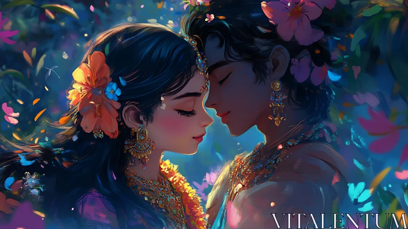 Two Women with Floral Ornaments in Luminous Fantasy Realm.
