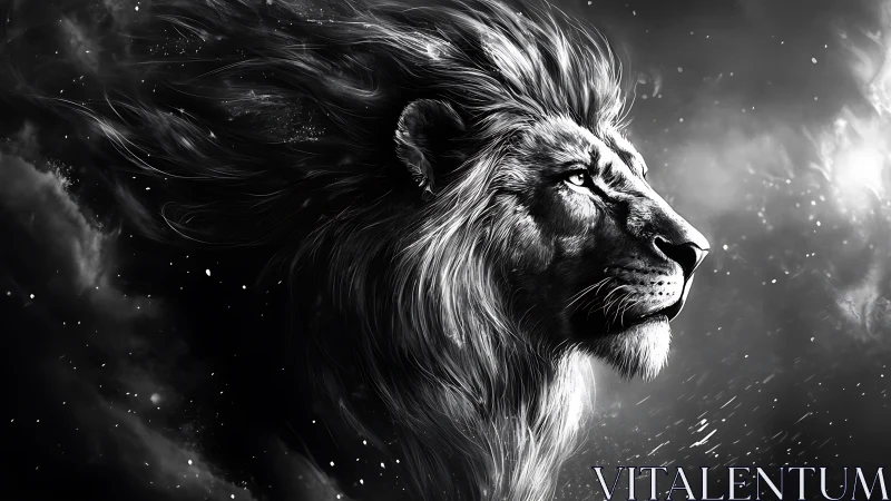 Majestic lion profile in monochrome cosmic storm scene.