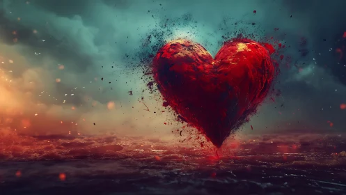 Illuminated Red Heart Form in Atmospheric Setting