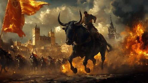 Warrior rides a raging bull through a burning medieval city