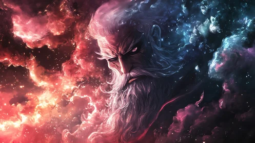 Celestial elder materializes within bifurcated cosmic nebula.