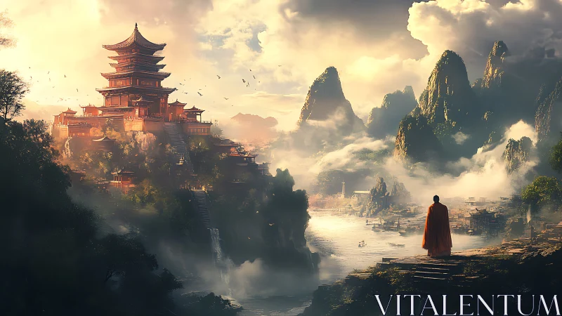 Monk overlooking misty pagoda citadel in luminous river valley