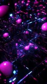 Neon glass spheres reflect within mirrored cubic grid