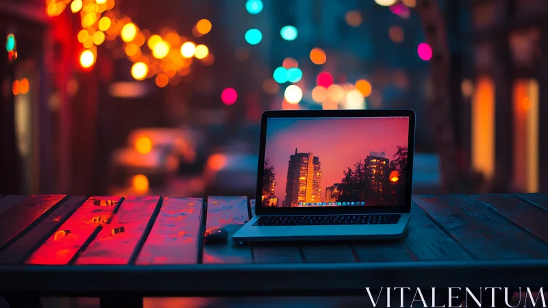 Laptop glowing on café table amid neon city bokeh nightscape.