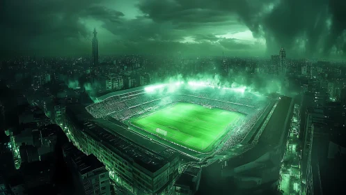 Nighttime city football stadium under eerie green lights.