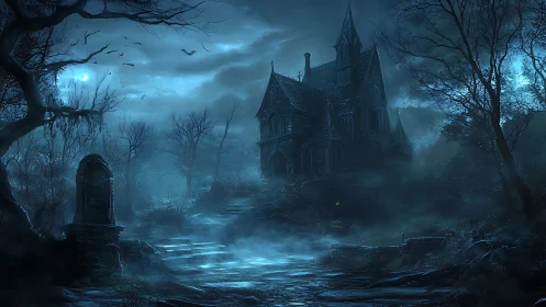 Moonlit fog coils upward as the forsaken manor listens