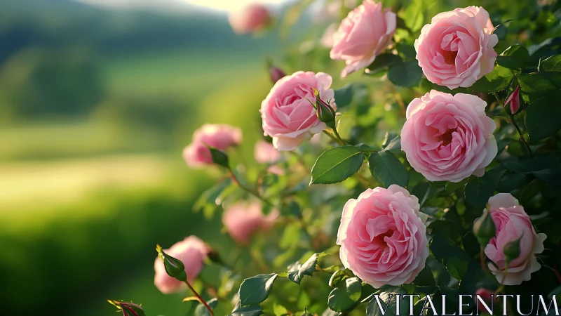Pink garden roses in sunlit full bloom with layered petals and vibrant foliage.