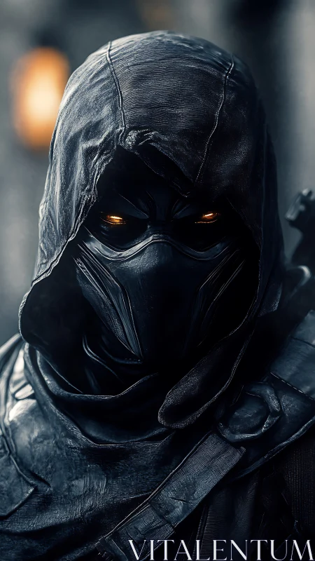 Stealth assassin in dark hood with glowing ember eyes.