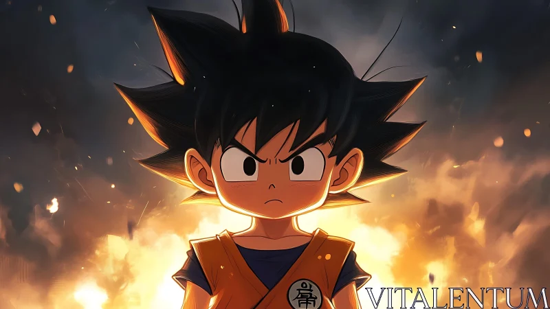 Small warrior stands unshaken before a storm of embers