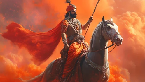 Armored rider on white horse against dense orange clouds.