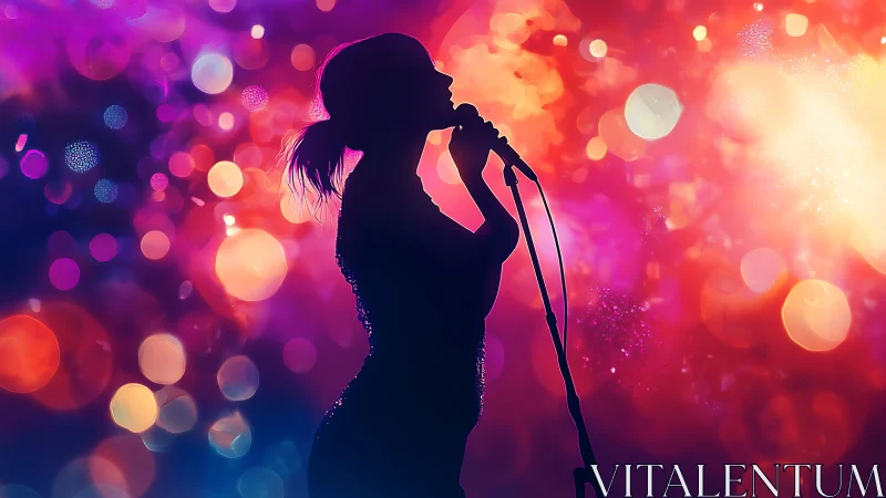 Silhouetted vocalist against high-saturation bokeh spectrum.