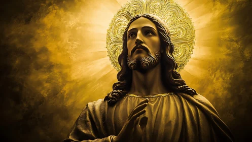 Radiant sacred portrait glows with golden spiritual light.