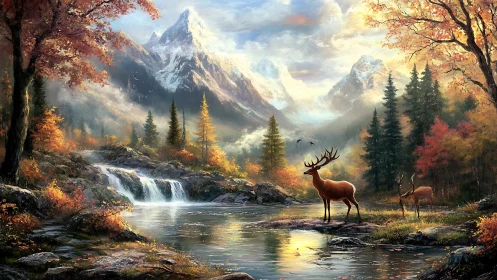 Antlered guardians by a golden autumn mountain river.