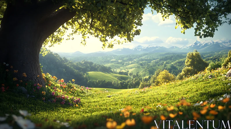 Sunlit hilltop meadow dreaming toward distant snow peaks.