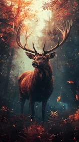 Majestic stag pauses in a glowing autumn forest sanctuary