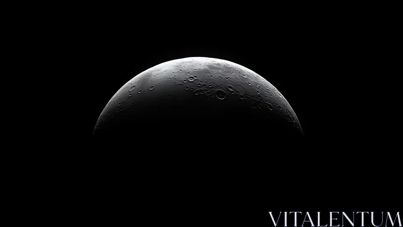 Photorealistic lunar crescent in high-contrast minimal space composition.