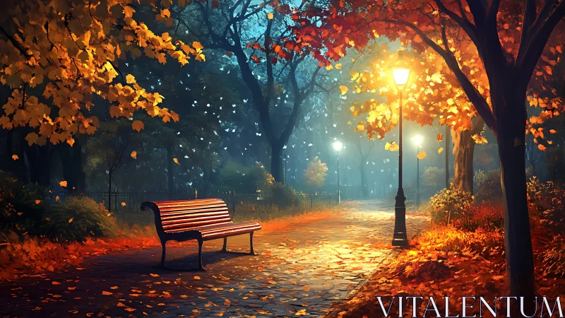 Lamplit leaves cradle a quiet bench in glowing autumn fog