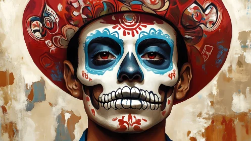 Digital painting portrait with D&iacute;a de Muertos calavera mask.