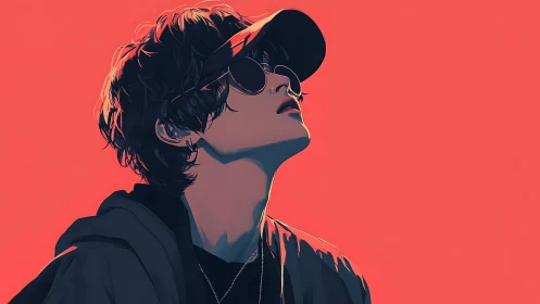 Stylized portrait of a hooded youth in sunglasses against coral