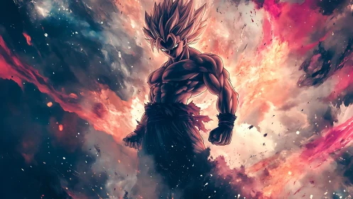 Saiyan warrior stands powered up in a cosmic energy storm.