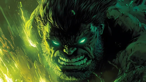 Raging green monster lunges forward with blazing energy