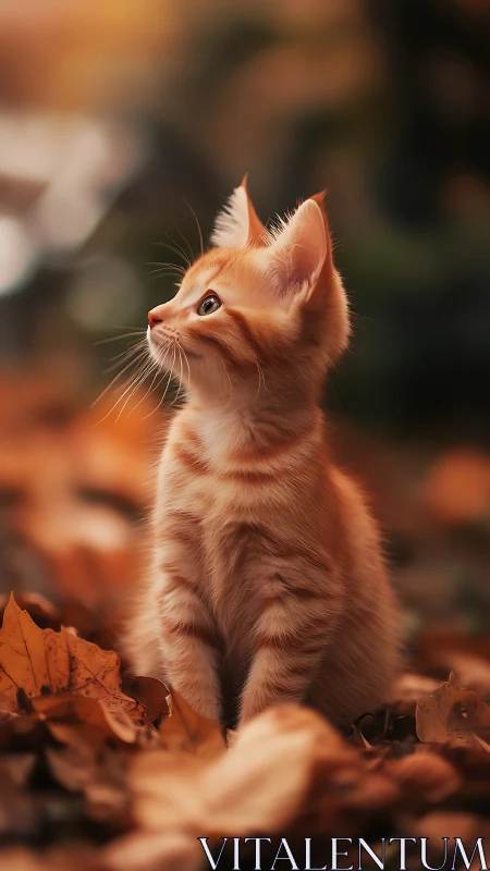 Ginger Kitten Gazes Skyward Among Russet Leaves