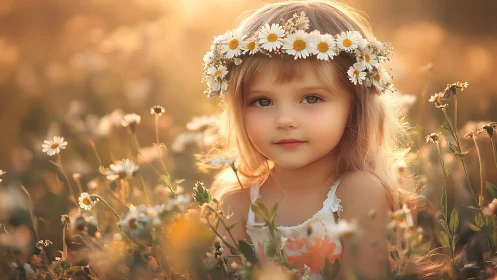 Golden Hour Portrait: Child in Daisy Field with Floral Crown.